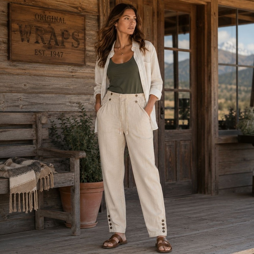 WRAP LONDON Women's Cropped Harem Pants 4 Beige Button Detail 100% Linen